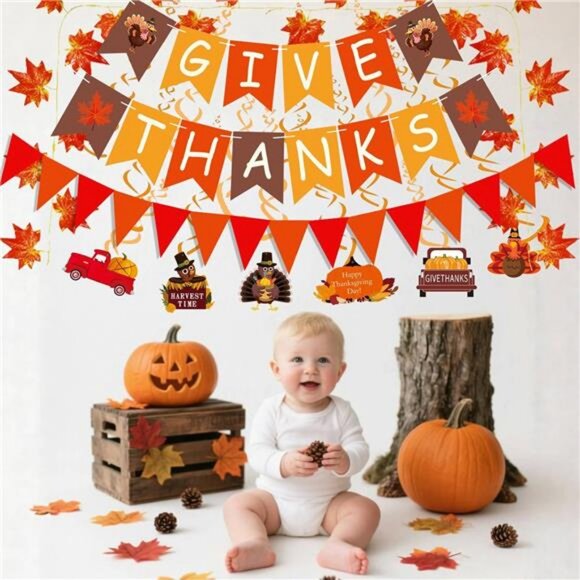 Thanksgiving Party Decorations Including Give Thanks Banner Orange Paper - Picture 2 of 8